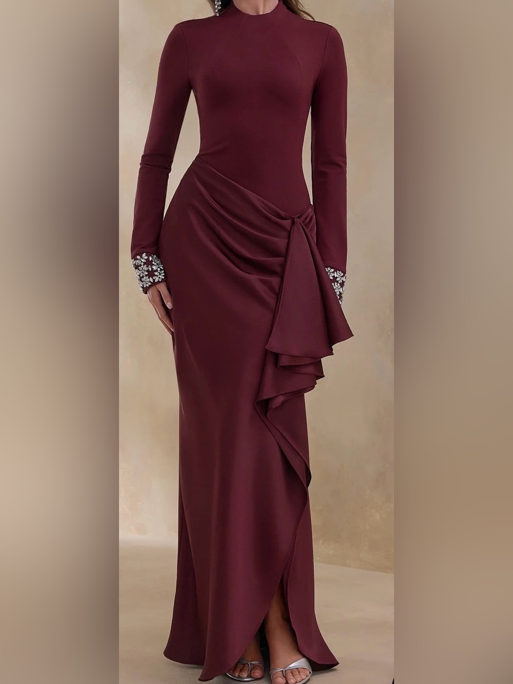Club L London Burgundy Long Sleeve Maxi Dress with Draped Ruffle
